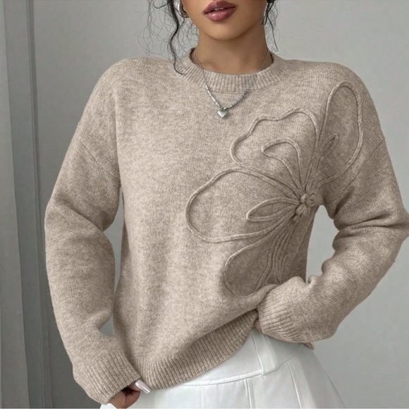 Classic Floral Textured Round Neck Knit Sweater Top S M L - Picture 2 of 5